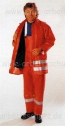 PU-Warnschutz-Anzug bestehend aus Latzhose und gefütterter Jacke. Klicken für Großbild